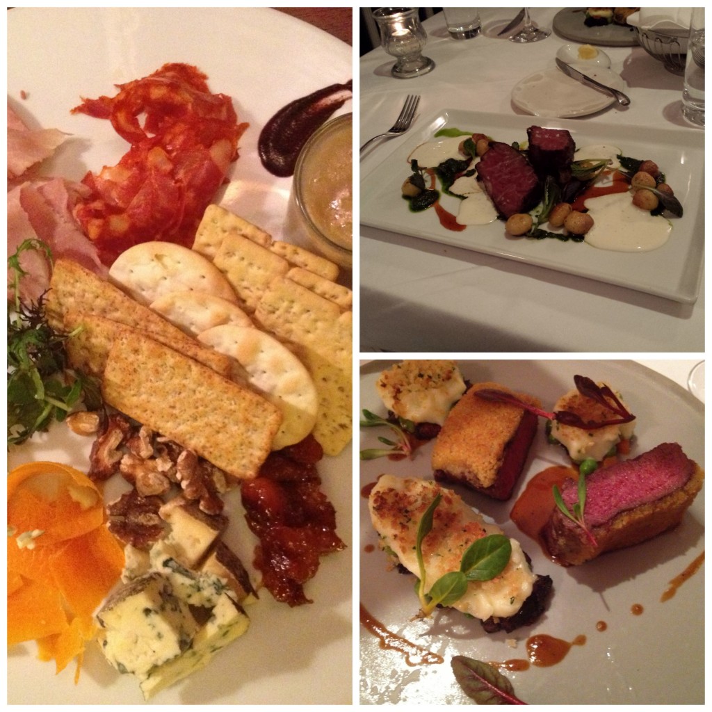 Incredible food from Chef---left to right, cheese & charcuterie plate, ribeye, lamb loin