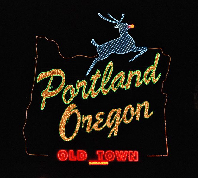 Iconic White Stag sign. Photo:  Wikimedia Commons.